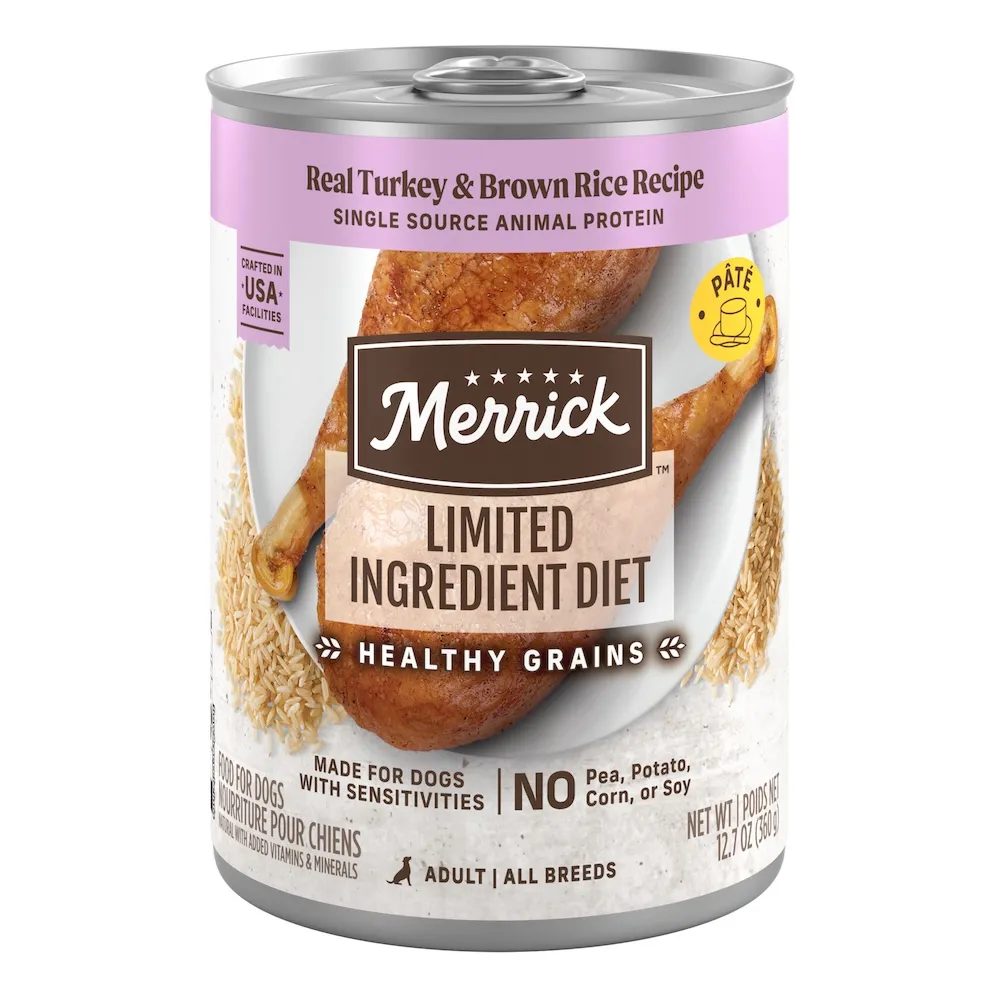 Merrick limited Ingredient Diet Healthy Grains Pate Real Turkey and Brwon Rice packaging.