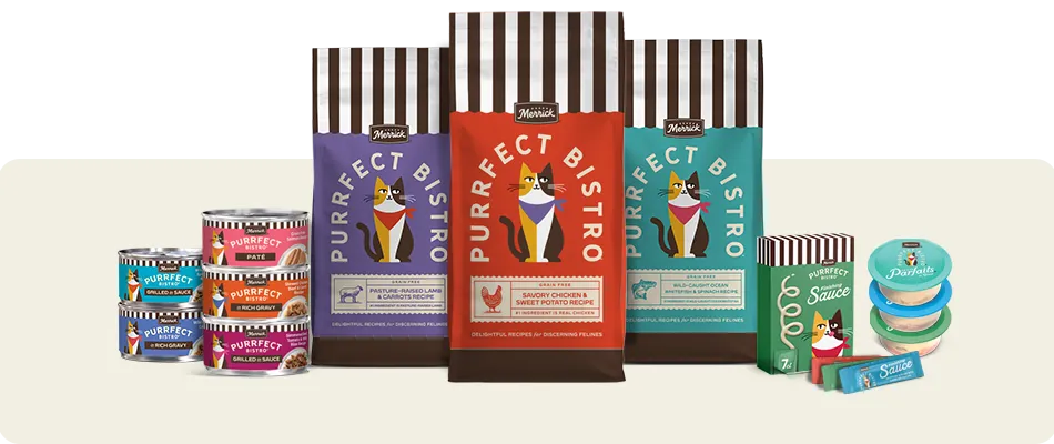 A variety of Merrick Purrfect Bistro cat food products including dry cat food, wet cat food, Petite Parfaits, and Finishing Sauce.