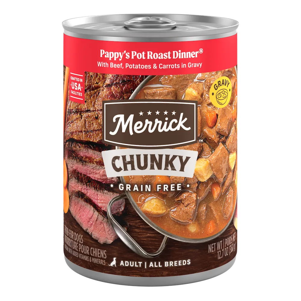 Merrick Pappy's Pot Roast Dinner packaging.