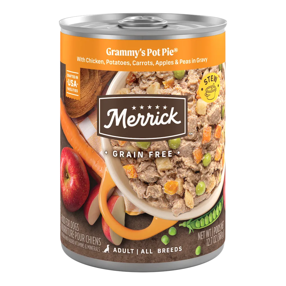 Merrick Grain Free Grammy's Pot Pie wet dog food can.