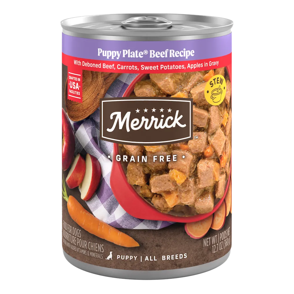 Merrick Grain Free Puppy Plate Beef Recipe wet dog food can.