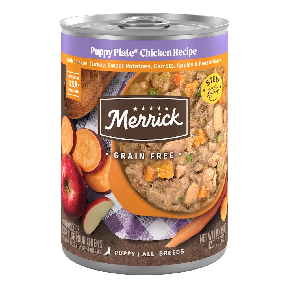 Merrick Grain Free Puppy Plate Chicken Recipe wet dog food can.