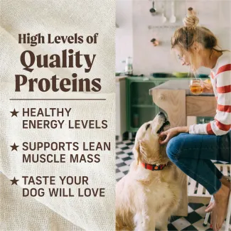 On the righthand side, a woman sits in a kitchen scratching the chin of a golden retriever. On the lefthand side, text reads "High levels of quality proteins. Healthy energy levels, supports lean muscle mass, taste your dog will love."