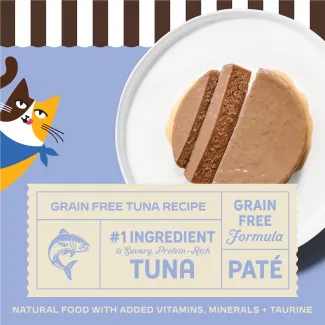Merrick Purrfect Bistro Grain Free Tuna  Recipe. #1 Ingredient is savory, protien-rich salmon. Natural food with added vitamins, minerals + taurine.