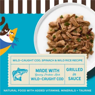 Merrick Purrfect Bistro Wild-Caught Cod, Spinach and Wild Rice Recipe Grilled in Sauce Recipe. Made with savory, protein-rich wild-caught cod, grilled in sauce. Natural food with added vitamins, minerals + taurine. 