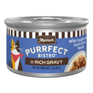 Merrick Purrfect Bistro Wild Caught Tuna, Cod and Carrot Recipe in Rich Gravy package.