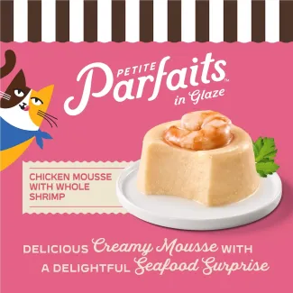 Merrick Purrfect Bistro Petite Parfaits in Glaze Chicken Mousse with Whole Shrimp. Delicious Creamy Mousse with Seafood Surprise. 