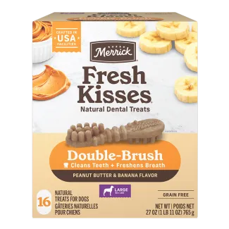 The front of a 16 count box of Merrick Fresh Kisses Peanut Butter and Banana dental dog treats for large dogs.