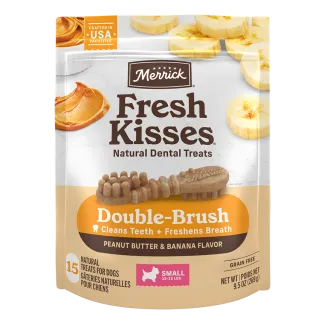A 15 count pouch of Merrick Fresh Kisses Peanut Butter and Banana dental dog treats for small dogs.