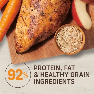92% protein, fat and healthy grain ingredients.