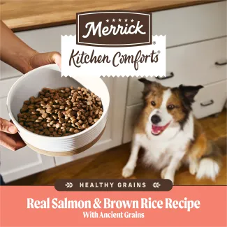 Merrick Kitchen Comforts Healthy Grains Real Salmon and Brown Rice Recipe with Ancient Grains. 