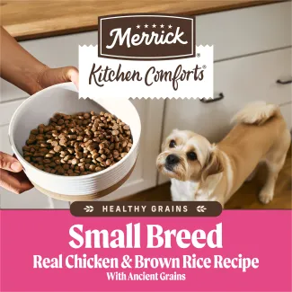 Merrick Kitchen Comforts Healthy Grains Small Breed Real Chicken and Brown Rice Recipe with Ancient Grains. 