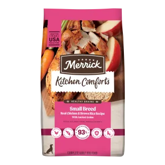 Merrick Kitchen Comforts Small Breed Real Chicken and Brown Rice Recipe dog food bag.