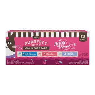 Merrick Purrfect Bistro Hook and Reel variety pack packaging. 