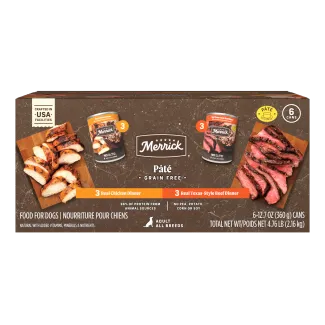 Merrick Grain Free Real Beef and Chicken 6 Variety Pack package.