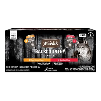 Merrick Backcountry Real Beef and Real Chicken 6 Variety Pack package.