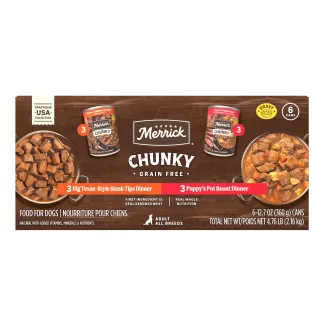 Merrick chunky grain free 6 variety pack package.