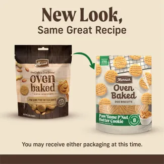 A new and an old Merrick Oven Baked Paw'some P'nut Butter Cookie Dog Treats. New look, same great recipe. You may recieve either package at this time.