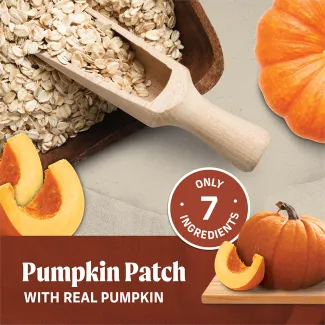 Oven Baked Pumpkin Patch pumpkin-shaped dog treats with an orange background that says “Oven baked hand crafted in small batches with a delicious oven baked smell &amp; taste.” 