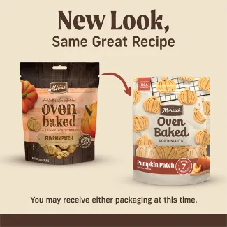 A new and an old Merrick Oven Baked Pumpkin Patch dog treats. New look, same great recipe. You may recieve either package at this time.