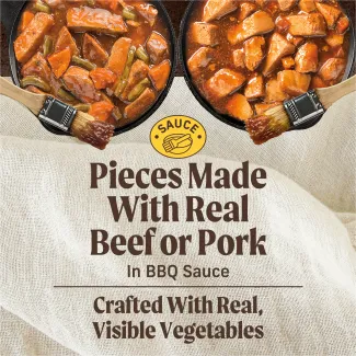 Pieces made with real beef or pork in bbq sauce.