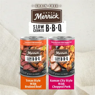 Merrick Slow-Cooked BBQ Variety Pack cans.