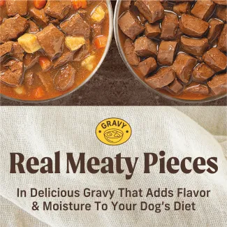 Real meaty pieces in delicious gravy that adds flavor and moisture to your dog's diet.