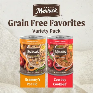 Merrick Grain Free Favorites Variety Pack cans.