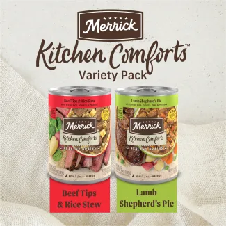 Merrick Kitchen Comforts Variety Pack cans.