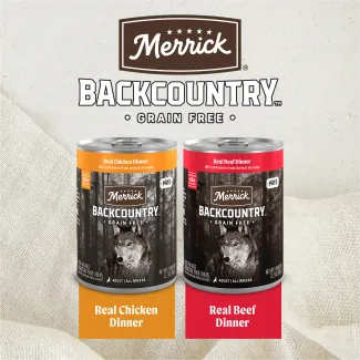 Merrick Backcountry Real Beef and Real Chicken cans.
