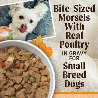 Bite-sized morsels with real meat in gravy for small breed dogs.