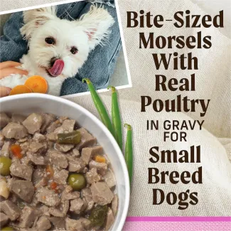 Bite-sized morsels with real meat in gravy for small breed dogs.