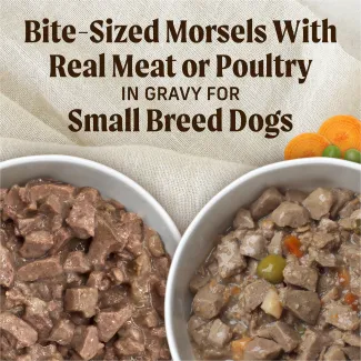 Bite sized morsels with real meat pr poultry in gravy for small breed dogs
